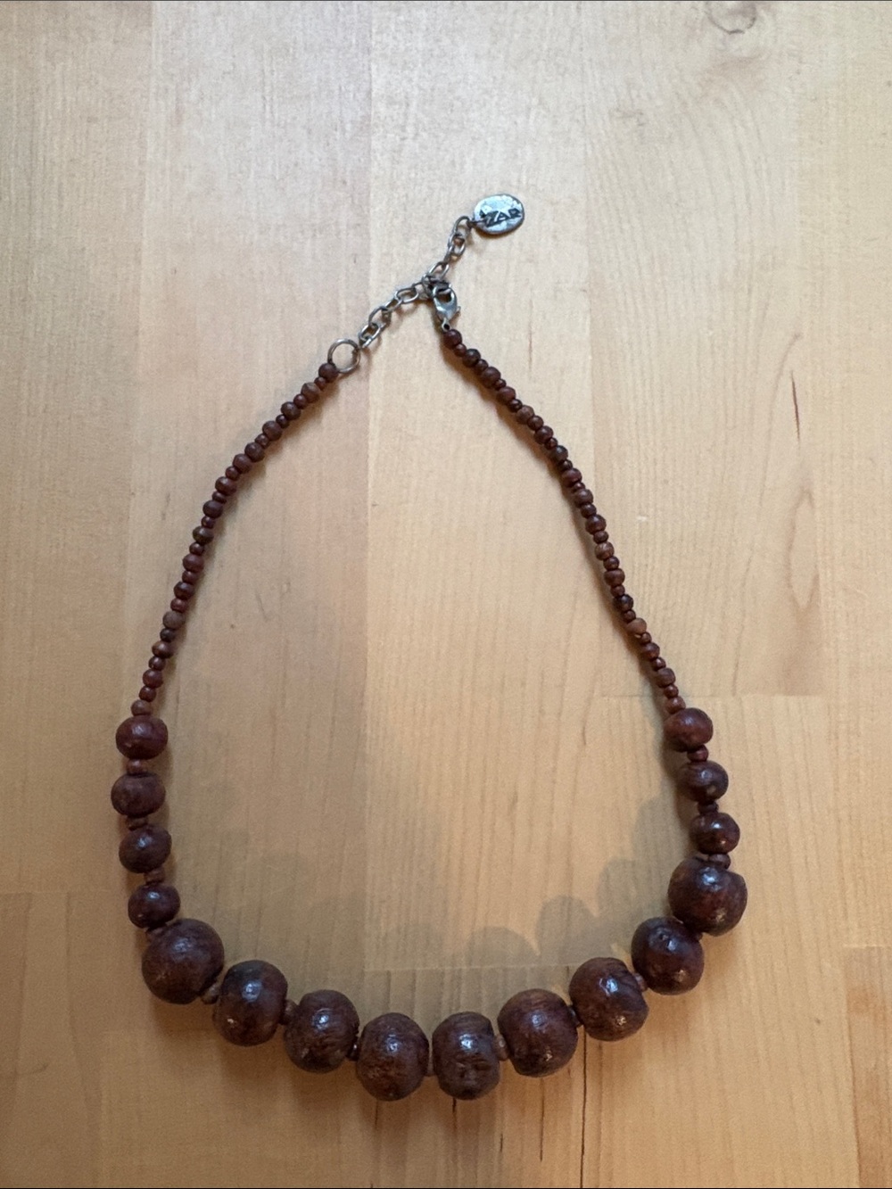 Zara Brown Wooden Bead Necklace with Logo Disc